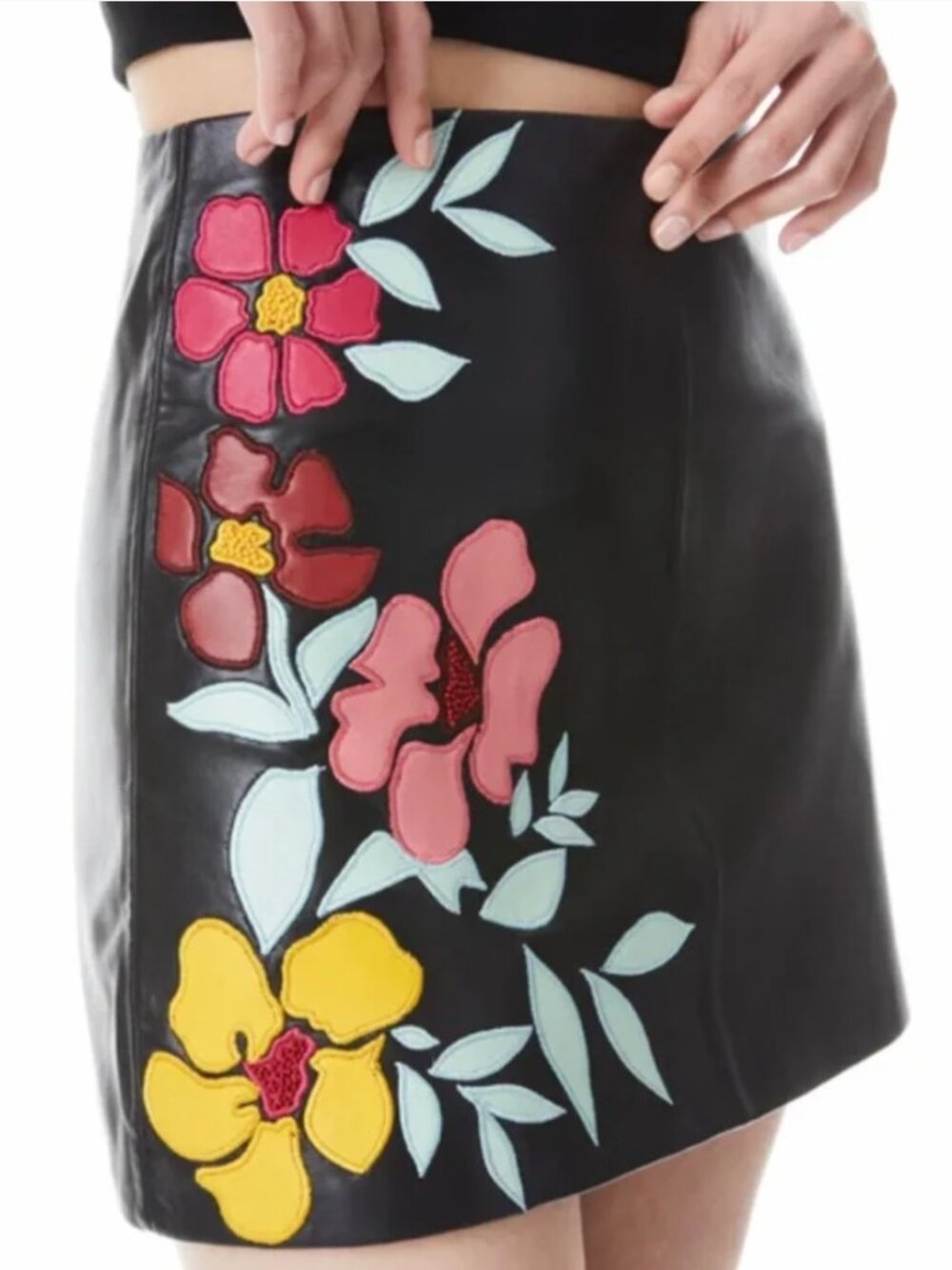 ALICE + OLIVIA by Stacey Bendet "Riley" Faux Leather Floral Mini Skirt - New